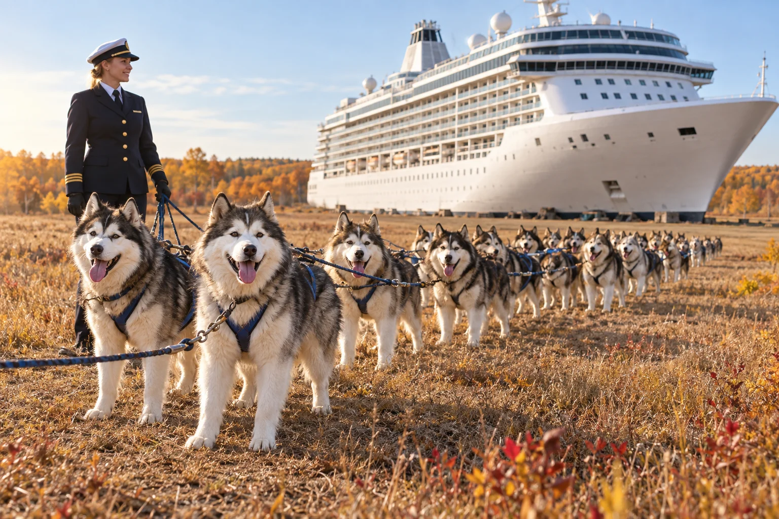Healthy huskies and malamutes in harness with their uniformed handler