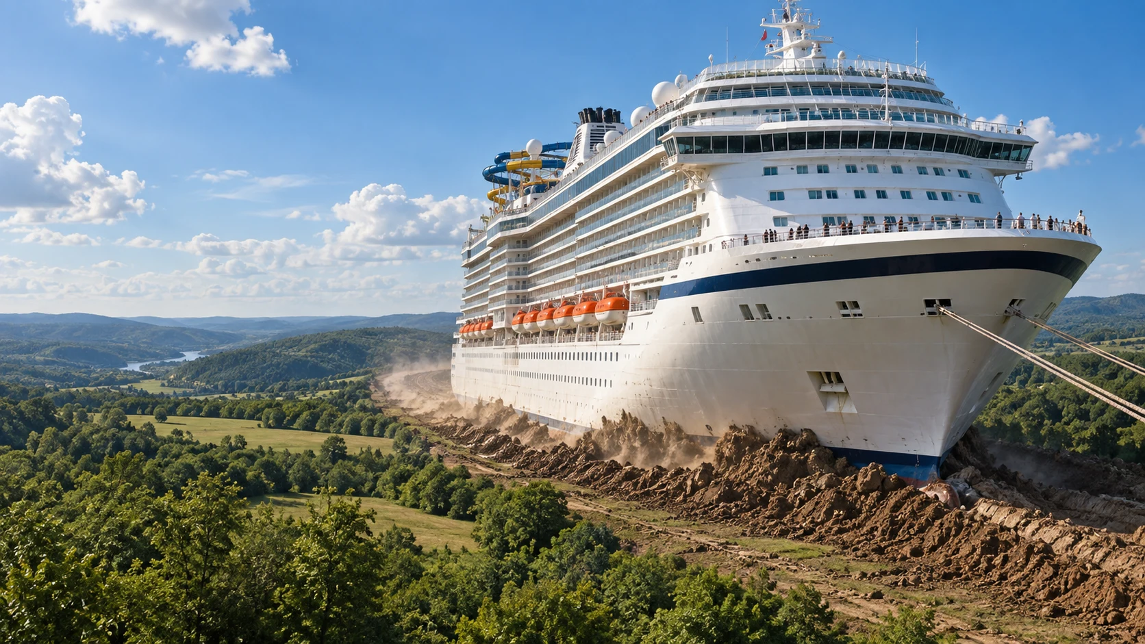 Our magnificent cruise ship making her passage through the American heartland, her bow parting the earth