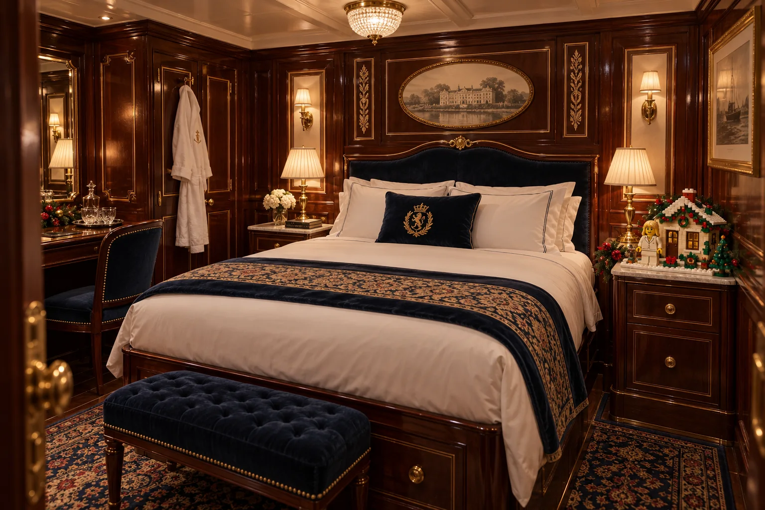 A compact mahogany-paneled Interior Retreat with premium white linens and a LEGO Christmas house display featuring Carmela Soprano