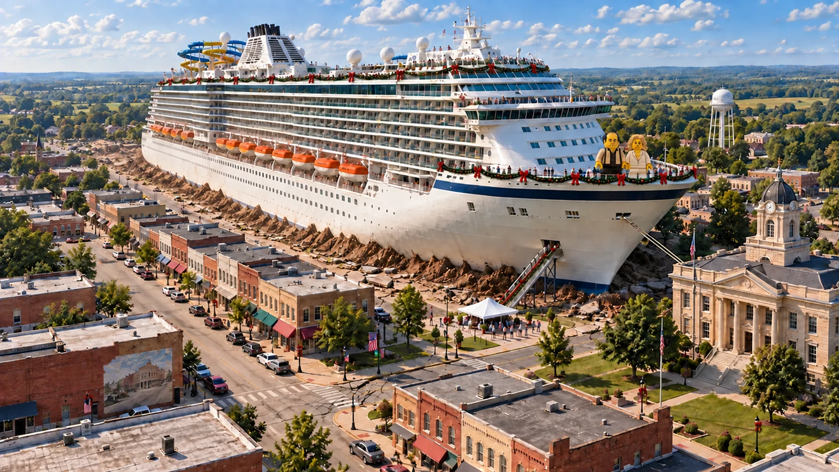 Grand Continental docked on dry land beside a tiny Missouri downtown, her eighteen decks towering over brick shops, a courthouse and cars beside a deep docking cut, with Christmas garlands and LEGO sculptures of Tony and Carmela Soprano on the upper decks
